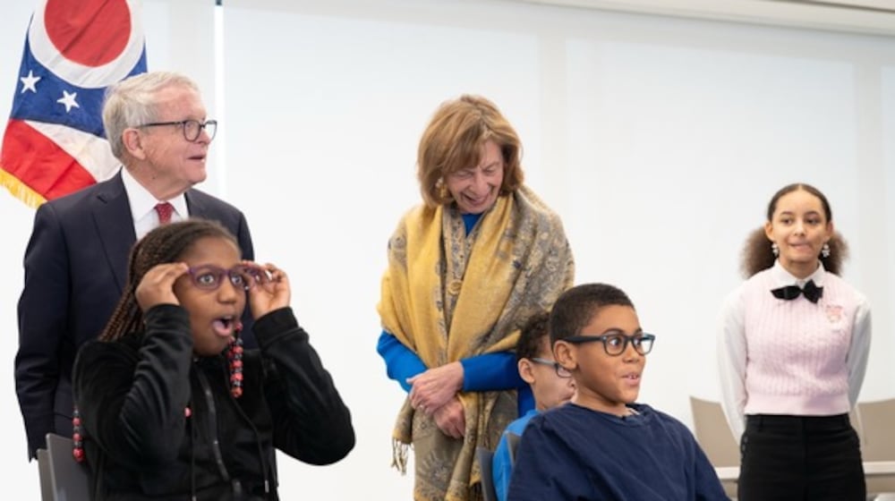 Ohio Gov. Mike DeWine and First Lady Fran DeWine attend a launch event at Campus International School in Cleveland for OhioSEE, a new state program to provide free eyeglasses for Ohio students.