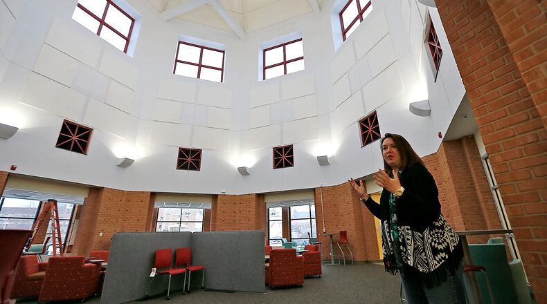 Allison Peck talks about all the things the Clark County Library’s newly renovated rotunda can be used for Friday. The library will soon open its new entrance as part of its $2.6 million renovation project, which includes the rotunda. Bill Lackey/Staff