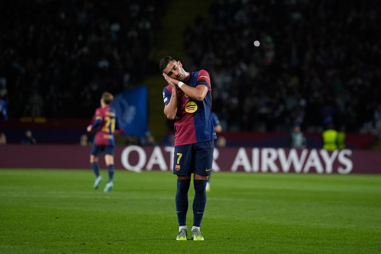 Barcelona's Ferran Torres celebrates after scoring during the Champions League semifinal first leg soccer match between Barcelona and Inter Milan in Barcelona, Spain, Wednesday, April 30, 2025. AP Photo/Emilio Morenatti)