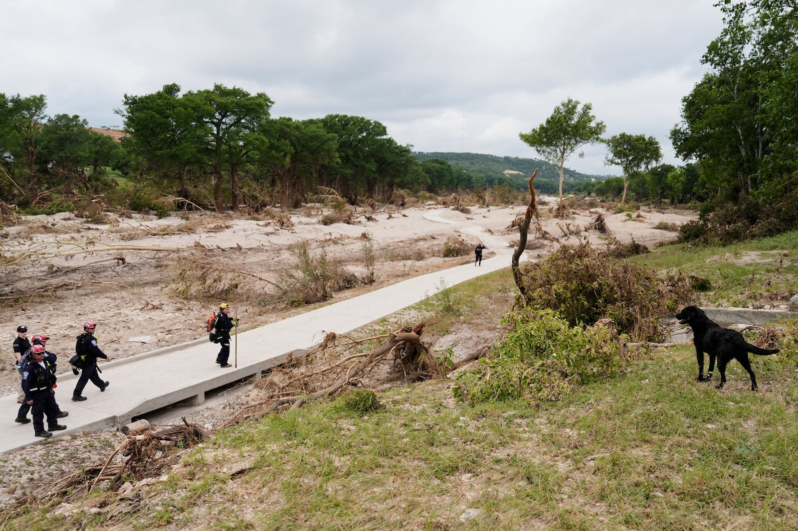 Members of Orange County Task Force One search for missing flood victims in Kerrville, Texas on Friday, July 11, 2025. (AP Photo/Ashley Landis)