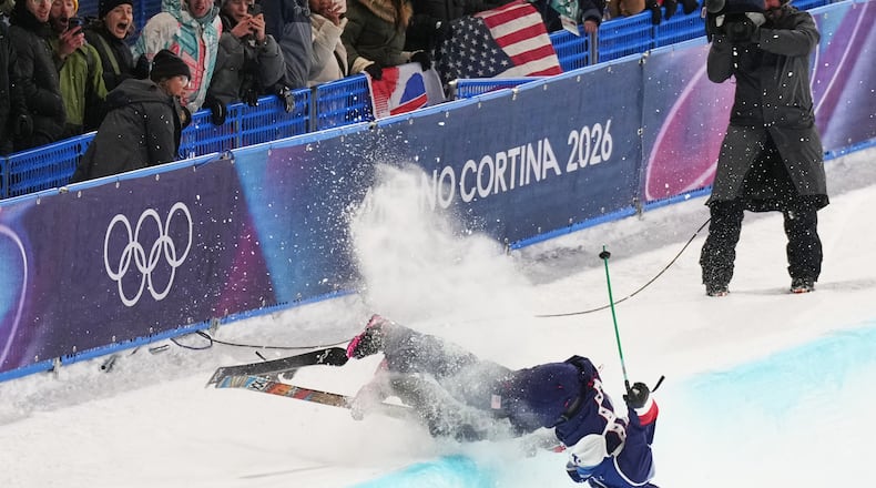 United States' Nick Goepper crashes during the men's freestyle skiing halfpipe finals at the 2026 Winter Olympics, in Livigno, Italy, Friday, Feb. 20, 2026. (AP Photo/Abbie Parr)