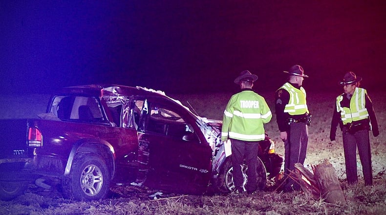 A 69-year-old man was killed Monday, March 20, 2023, after his pickup truck crashed into a pole on St. Paris Pike south of Baker Road in Moorefield Twp. MARSHALL GORBY \STAFF