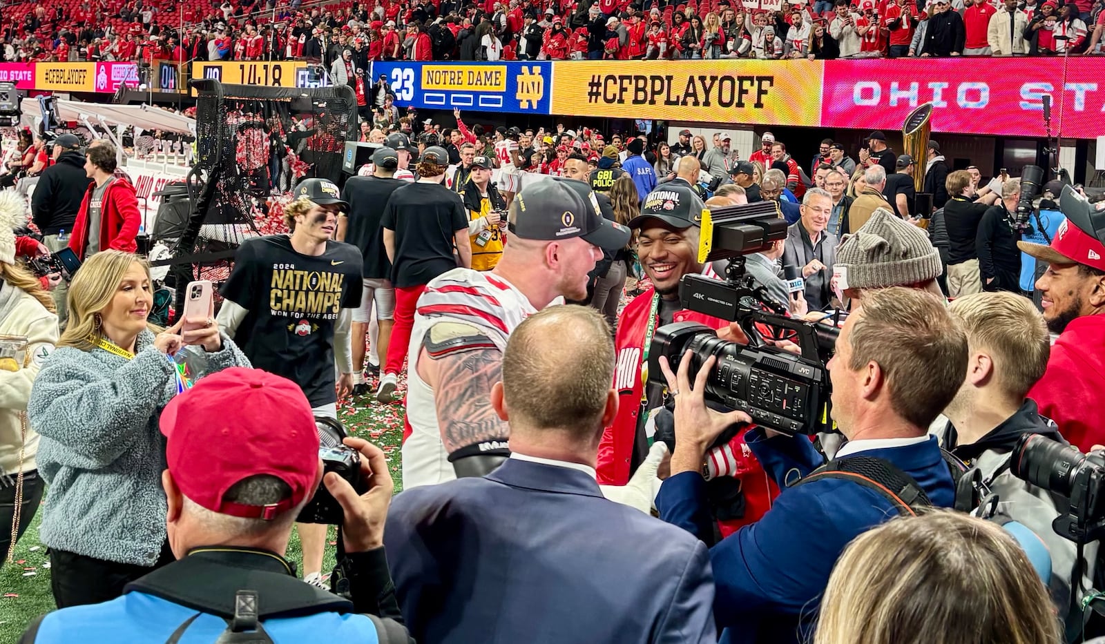 College Football Playoff behind the scenes in Atlanta, Jan. 2025: Jack Sawyer talks to reporters.