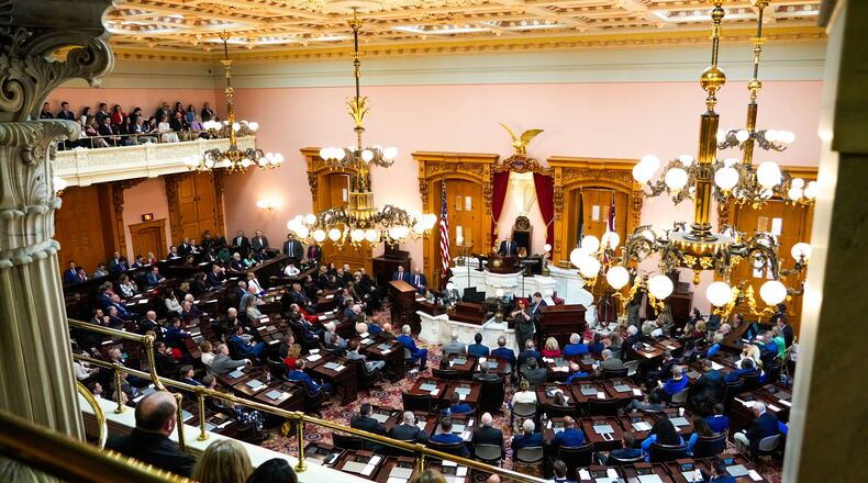 Ohio Gov. Mike DeWine gives the State of the State address in the Ohio House chambers at the Ohio Statehouse on Wednesday, March 12, 2025, in Columbus, Ohio. (Samantha Madar/The Columbus Dispatch via AP, Pool)