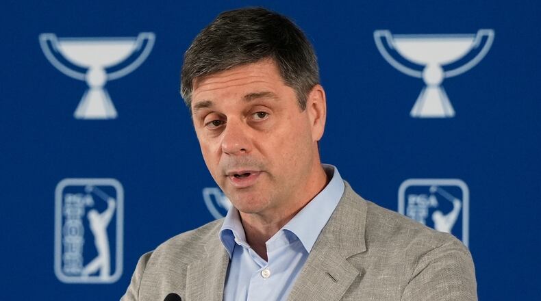 FILE - PGA Tour CEO Brian Rolapp speaks before a practice round of the Tour Championship golf tournament, Aug. 20, 2025, in Atlanta. (AP Photo/Mike Stewart, File)