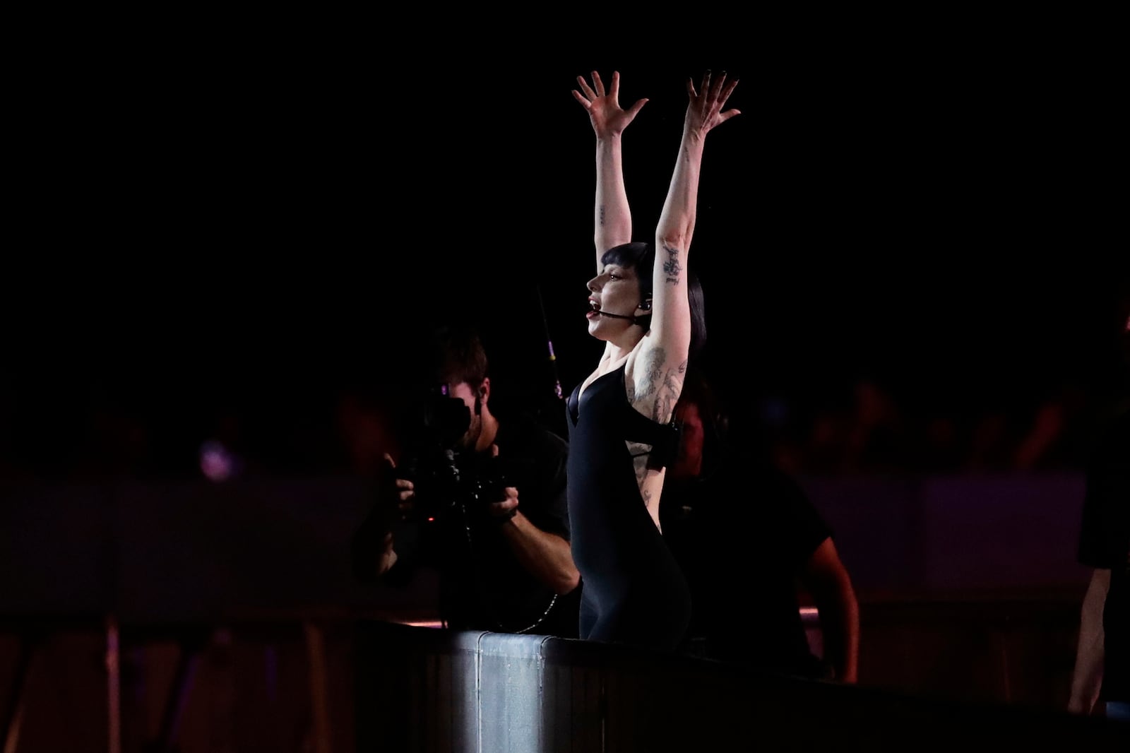 Lady Gaga takes part in a rehearsal a day ahead of her free concert, on Copacabana beach, in Rio de Janeiro, Friday, May 2, 2025. (AP Photo/Bruna Prado)