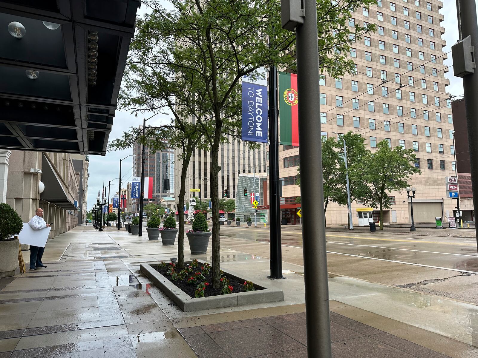 Flags of NATO nations festoon the streets of downtown Dayton, Ohio, on Wednesday, May 21, 2025, as the city prepares for the 2025 NATO Parliamentary Assembly. (AP Photo/Julie Carr Smyth)