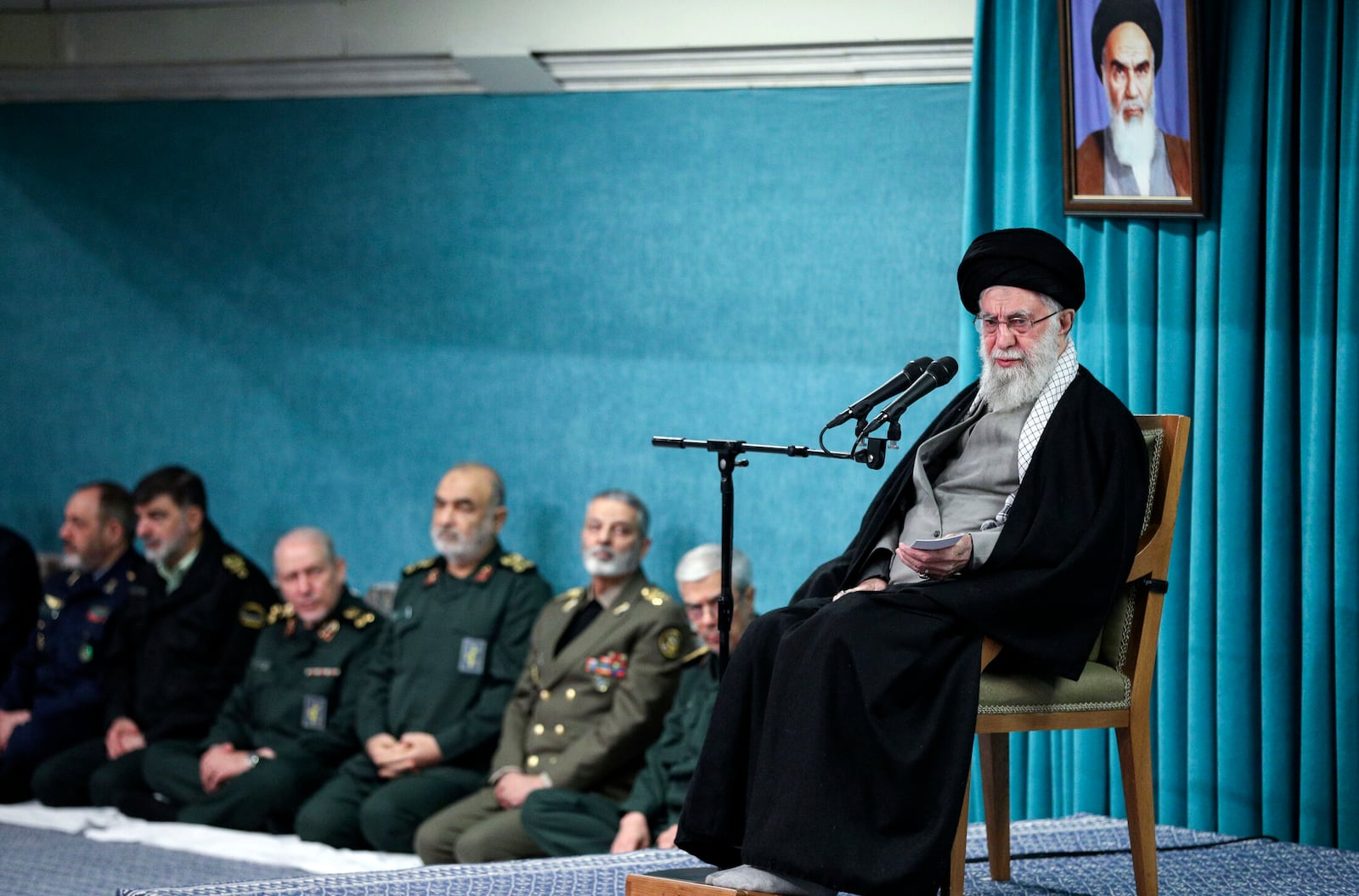 FILE - In this photo released by an official website of the office of the Iranian supreme leader, Supreme Leader Ayatollah Ali Khamenei speaks in a ceremony meeting a group of officials, in Tehran, Iran, March 8, 2025. (Office of the Iranian Supreme Leader via AP, File)