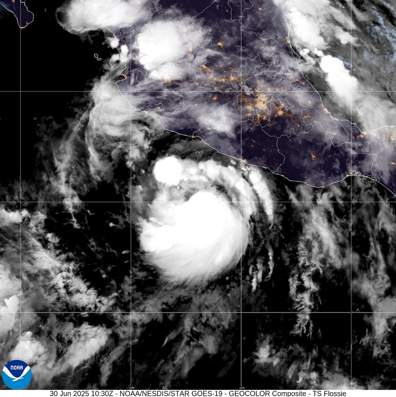 This satellite image provided by the National Oceanic and Atmospheric Administration (NOAA) shows Tropical Storm Flossie over North Pacific Ocean, Monday, June 30, 2025. (NOAA via AP)