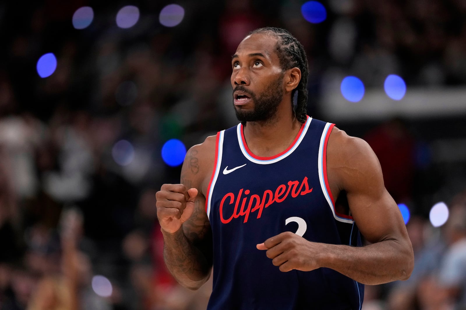 Los Angeles Clippers forward Kawhi Leonard celebrates after scoring during the second half in Game 6 of an NBA basketball first-round playoff series against the Denver Nuggets, Thursday, May 1, 2025, in Inglewood, Calif. (AP Photo/Mark J. Terrill)