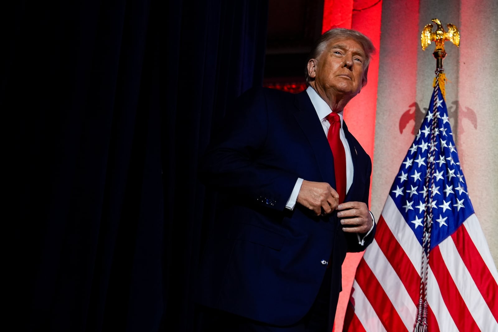 President Donald Trump arrives to speak at an AI summit at the Andrew W. Mellon Auditorium, Wednesday, July 23, 2025, in Washington. (AP Photo/Julia Demaree Nikhinson)