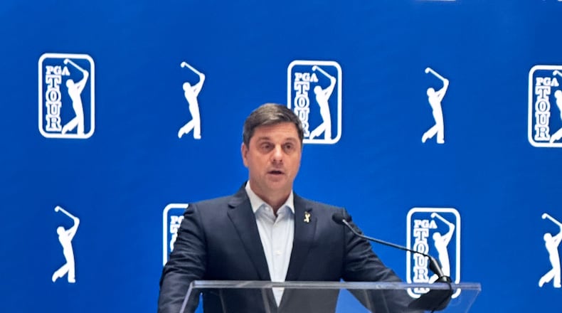 PGA Tour CEO Brian Rolapp discusses a future competition model at a press conference Wednesday, March 11, 2026, at PGA Tour headquarters in Ponte Vedra Beach, Fla. (AP Photo/Doug Ferguson)