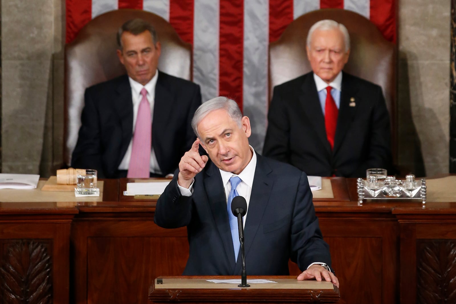 FILE - Israeli Prime Minister Benjamin Netanyahu gestures while speaking before a joint meeting of Congress on Capitol Hill in Washington, March 3, 2015. (AP Photo/Andrew Harnik, File)