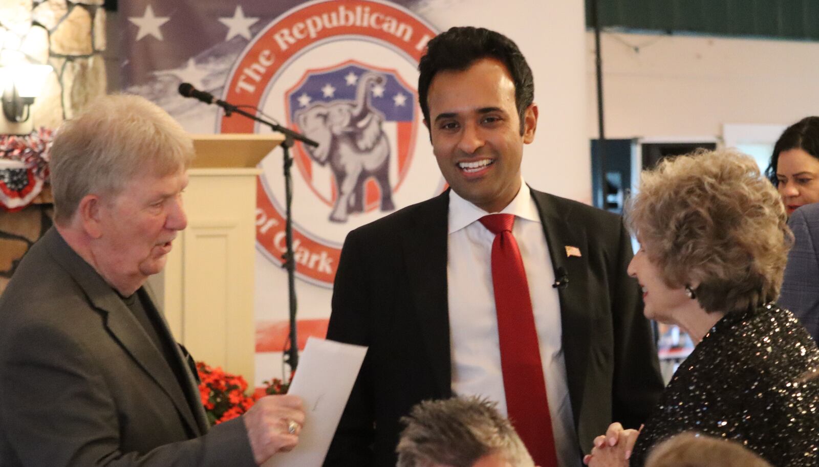 Ohio candidate for governor Vivek Ramaswamy meets people at the Republican Party of Clark County's Reagan-Trump Dinner at the Simon Kenton Inn Thursday, May 22, 2025. JESSICA OROZCO/STAFF