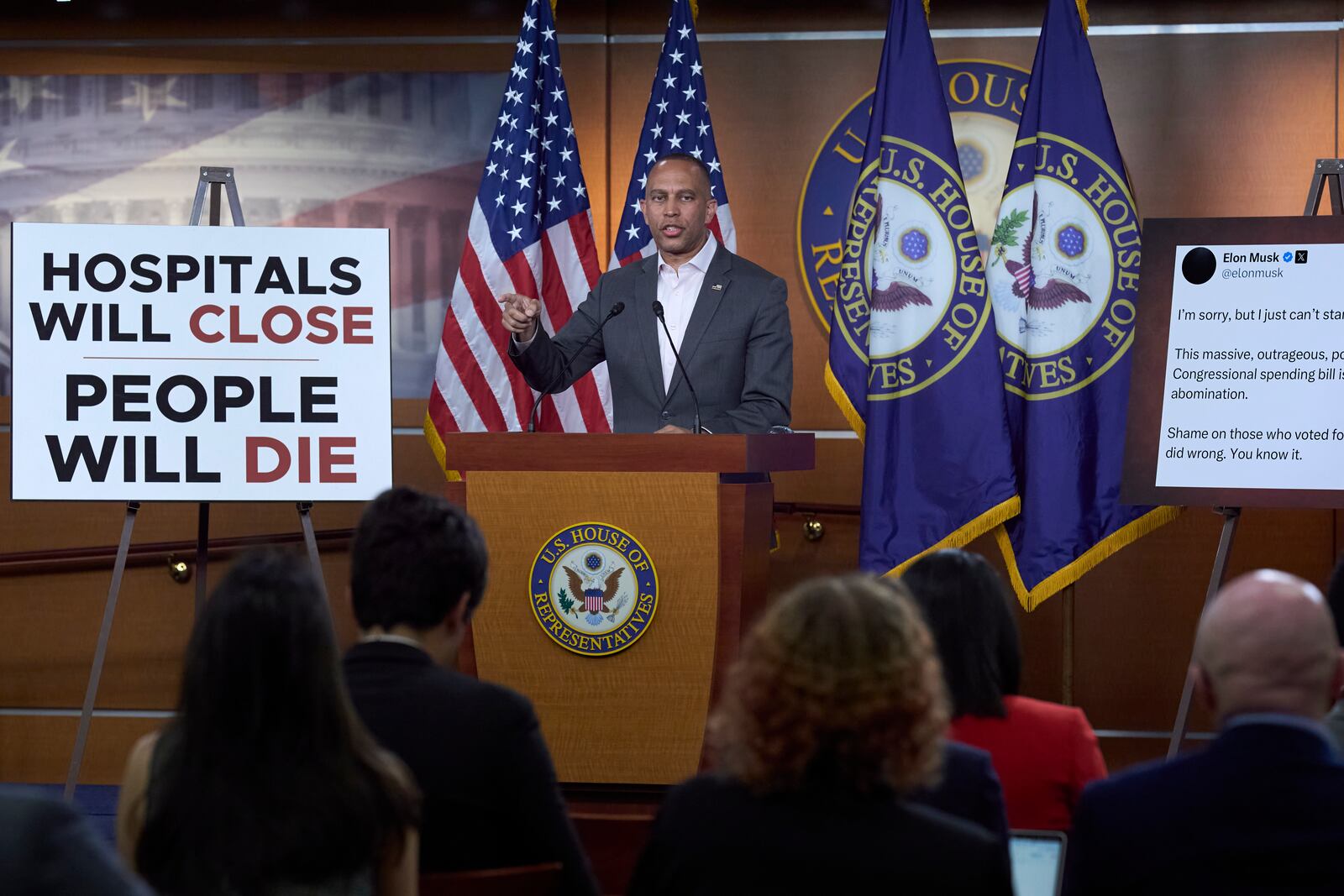 House Minority Leader Hakeem Jeffries, D-N.Y., tells reporters he agrees with Elon Musk's criticism of President Donald Trump's spending and tax bill, calling it a "disgusting abomination," during a news conference at the Capitol in Washington, Tuesday, June 3, 2025. (AP Photo/J. Scott Applewhite)