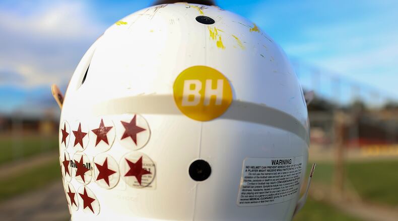 A Northeastern High School football helmet adorned with a BH decal in honor of former longtime assistant Northeastern High School coach Bill Haggy. CONTRIBUTED PHOTO BY MICHAEL COOPER