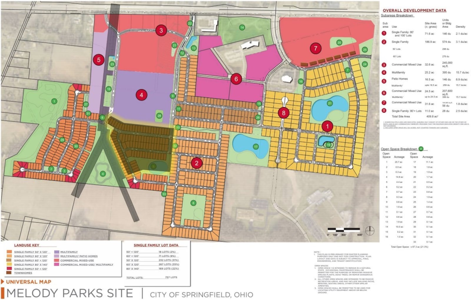 The proposed and amended site plan that shows the 90 single-family home lot splits (highlighted on the left) in the Melody Parks development. CONTRIBUTED