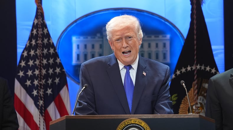 President Donald Trump speaks during a press briefing at the White House, Friday, Feb. 20, 2026, in Washington. (AP Photo/Evan Vucci)