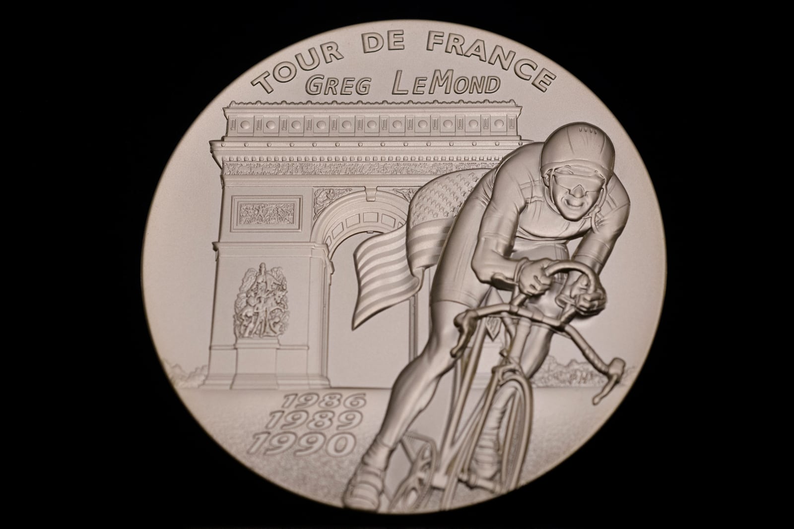 The Congressional Gold Medal, which was presented to three-time Tour de France winner Greg LeMond, during a ceremony at the Capitol, Wednesday, July 9, 2025, in Washington. (AP Photo/Rod Lamkey, Jr.)