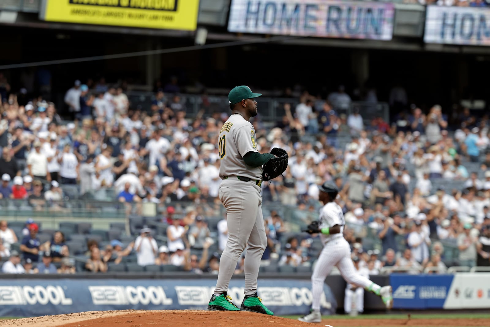 Athletics pitcher Luis Severino reacts after giving up a solo home run to New York Yankees' Jazz Chisholm Jr. during the second inning of a baseball game, Sunday, June 29, 2025, in New York. (AP Photo/Adam Hunger)