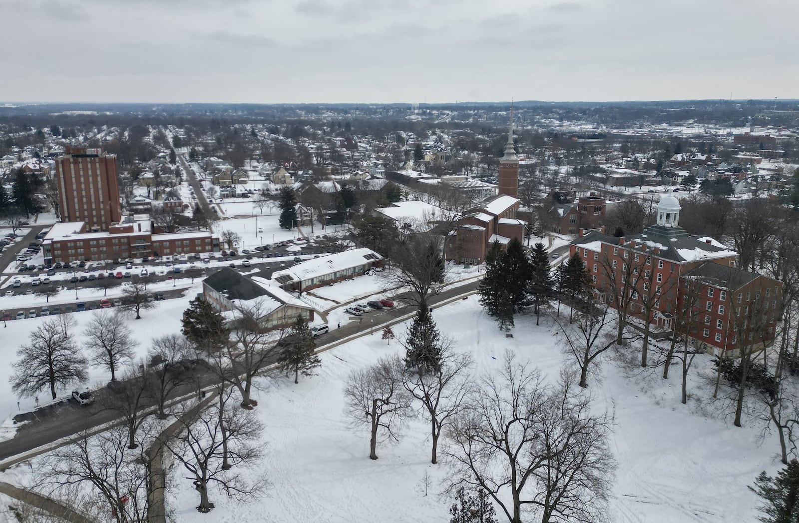 A drone view of the snow surrounding Wittenberg University on Thursday, Feb 5, 2026, in Springfield. JOSEPH COOKE/STAFF