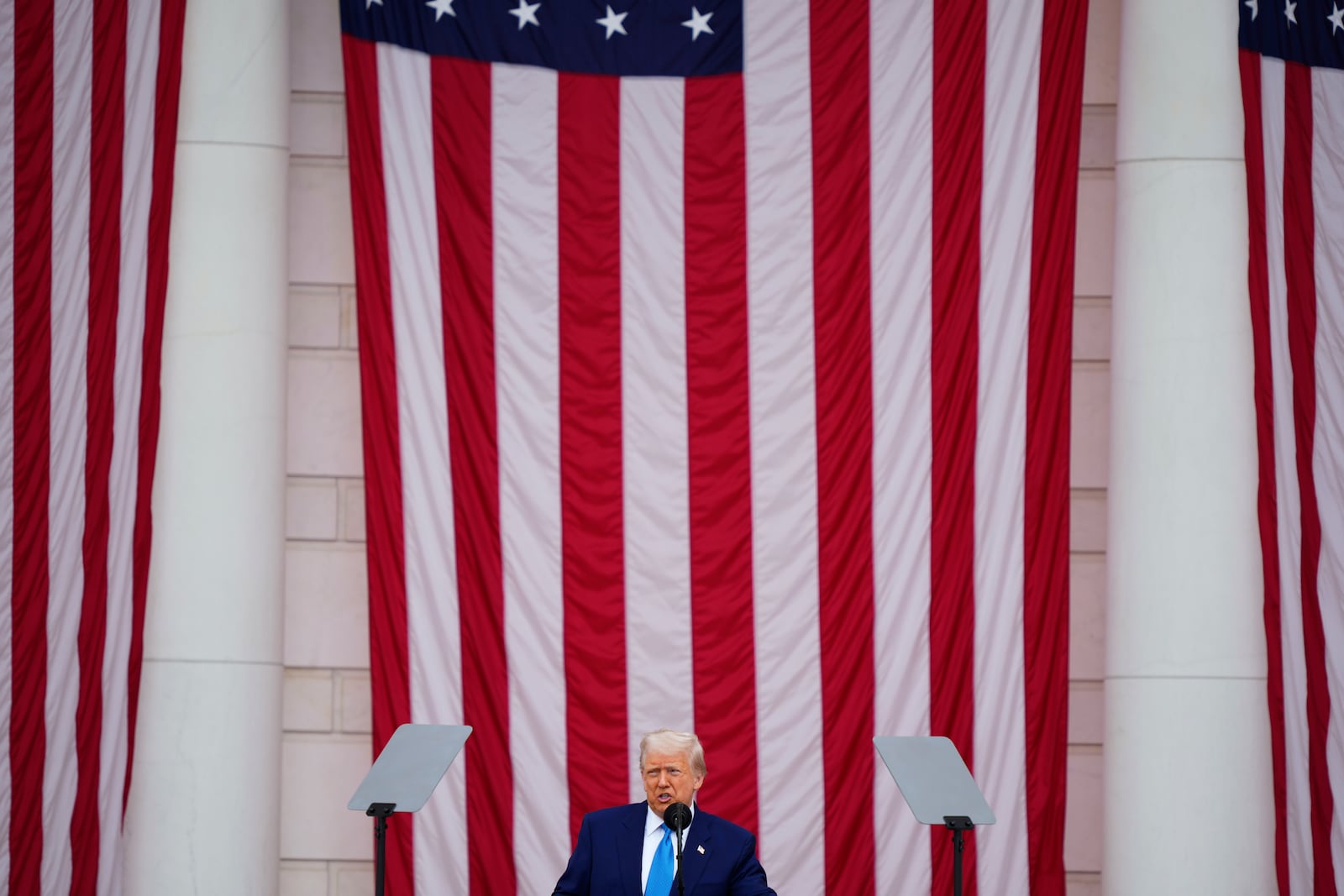 President Donald Trump delivers the Memorial Day Address at the 157th National Memorial Day Observance at Arlington National Cemetery, Monday, May 26, 2025, in Arlington, Va. (AP Photo/Julia Demaree Nikhinson)