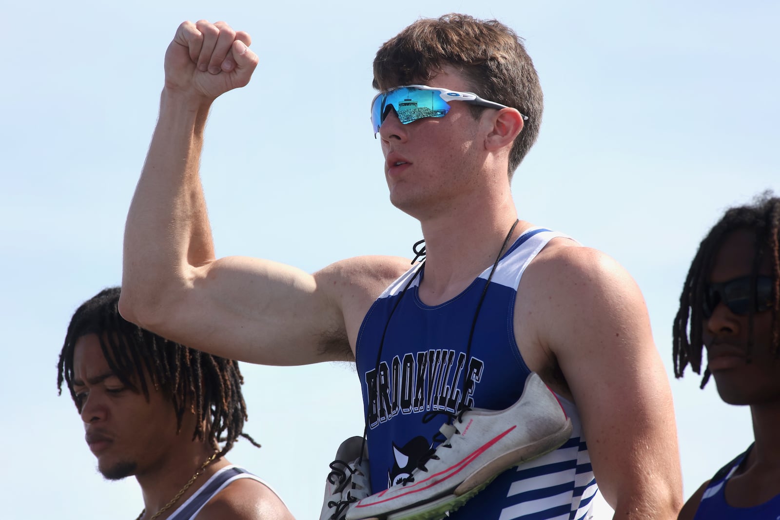 Brookville's Coy Hyre stands atop the podium after winning the 100-meter dash in the OHSAA Division II state track and field championships on Saturday, June 1, 2024, at Welcome Stadium in Dayton. David Jablonski/Staff