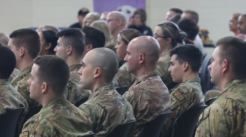 The Airmen with the 178th Wing of the Ohio Air National Guard and their families participated in a Call to Duty Ceremony Sunday at the Springfield National Guard Base. The airmen are deploying in support of the Air Force Central Command to provide tactical command and control capabilities. BILL LACKEY/STAFF