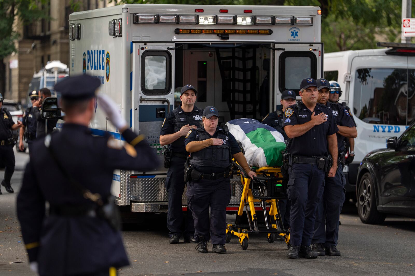 A casket of NYPD Officer Didarul Islam arrives at Parkchester Jame Masjid after Monday's deadly shooting, Tuesday, July 29, 2025, in New York. (AP Photo/Yuki Iwamura)