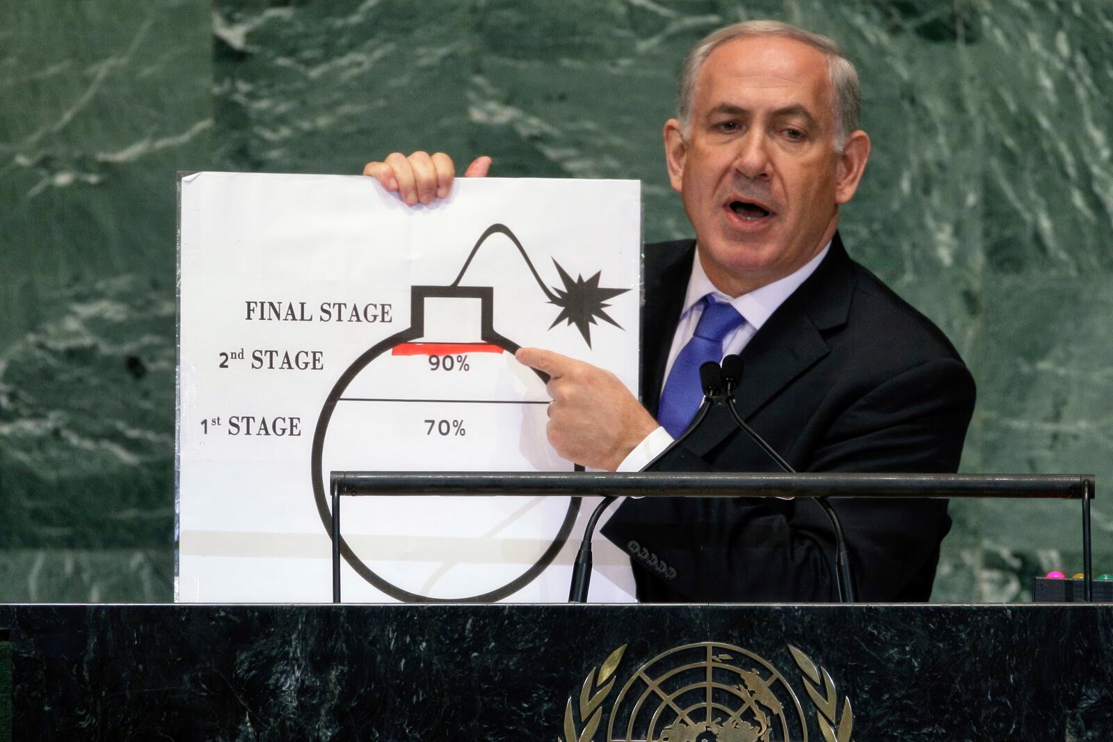FILE - Israel's Prime Minister Benjamin Netanyahu shows an illustration as he describes his concerns over Iran's nuclear ambitions during his address to the 67th session of the United Nations General Assembly at U.N. headquarters, Sept. 27, 2012. (AP Photo/Richard Drew, File)