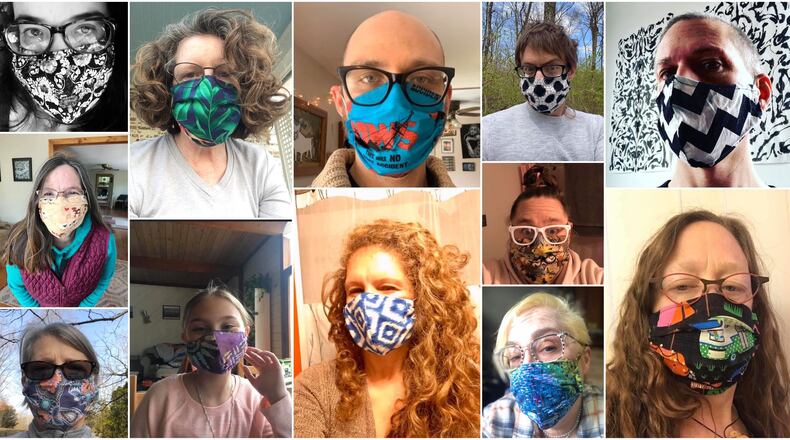 Villagers in Yellow Springs have made more than 1,200 facial masks as part of a community effort to reduce the spread of coronavirus. Pictured top left to bottom right. Kate Hamilton, Moira Laughlin, Simon Freeman, Travis Tarbox, Pierre Nagley, Chris Powell, Katie Rose Wright, Eve Fleck, Malorie Lininger, Jaime Wilke :Lorrie Sparrow-Knapp and Selwa Whitesell.