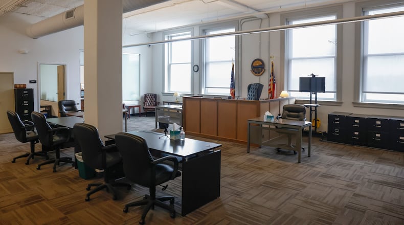 An interim Clark County courtroom on Friday, May 16, 2025, in the Bushnell Building. JOSEPH COOKE/STAFF