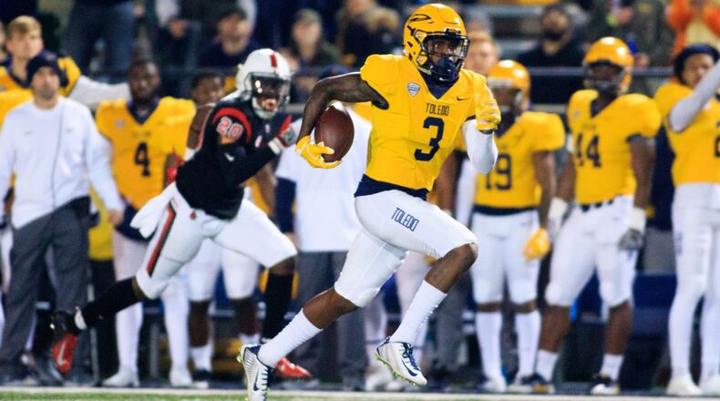 TOLEDO, OH - OCTOBER 31: Diontae Johnson #3 of the Toledo Rockets runs the ball in the game against the Ball State Cardinals on October 31, 2018 in Toledo, Ohio. (Photo by Justin Casterline/Getty Images)