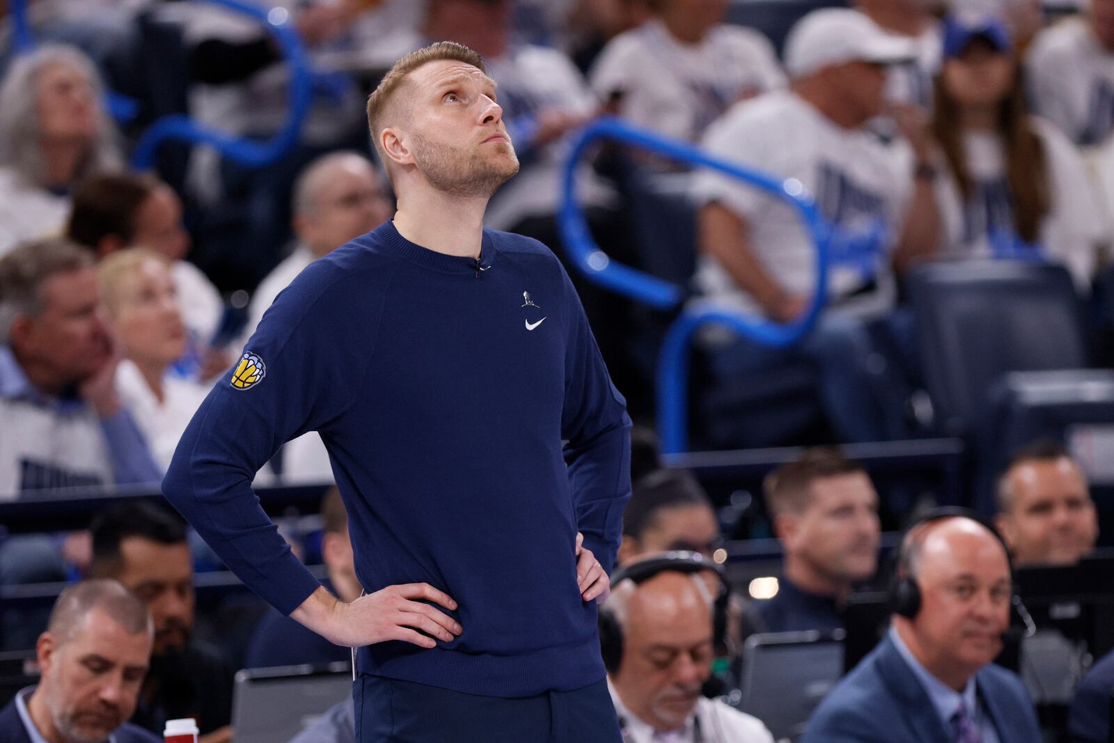 Memphis Grizzlies interim coach Tuomas Iisalo looks up during the first half in Game 1 of an NBA first-round playoff series against the Oklahoma City Thunder, Sunday, April 20, 2025, in Oklahoma City. (AP Photo/Nate Billings)