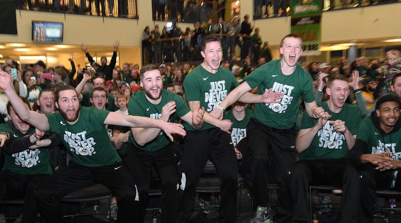 Wright State players react after seeing their name appear on the bracket during Sunday’s NCAA Tournament selection shot. Keith Cole/CONTRIBUTED