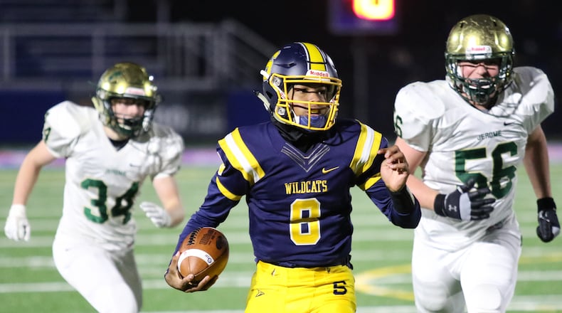 Springfield High School sophomore quarterback Te’Sean Smoot runs the ball during the Wildcats’ 37-14 victory over Dublin Jerome in a D-I, Region 2 semifinal game at Marysville High School on Friday, Nov. 15, 2019. CONTRIBUTED PHOTO BY MICHAEL COOPER