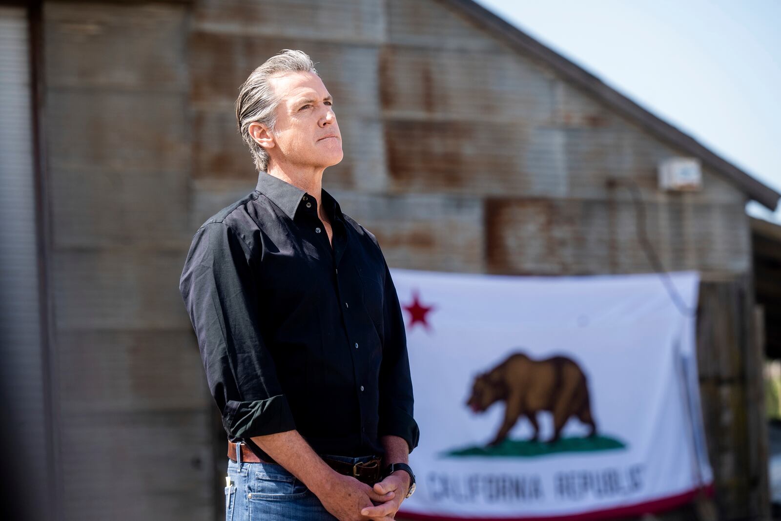California Gov. Gavin Newsom stands in front of a state flag during a press conference about President Donald Trump's tariffs on Wednesday, April 16, 2025, at an almond farm in Ceres, Calif. (AP Photo/Noah Berger)