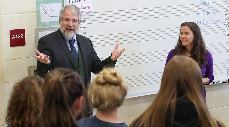 Paolo DeMaria, Superintendent of Ohio Public Schools, talks to students in the Melinda Lombard’s chorus class at Tecumseh High School Tuesday during his visit to the school. BILL Lackey/Staff