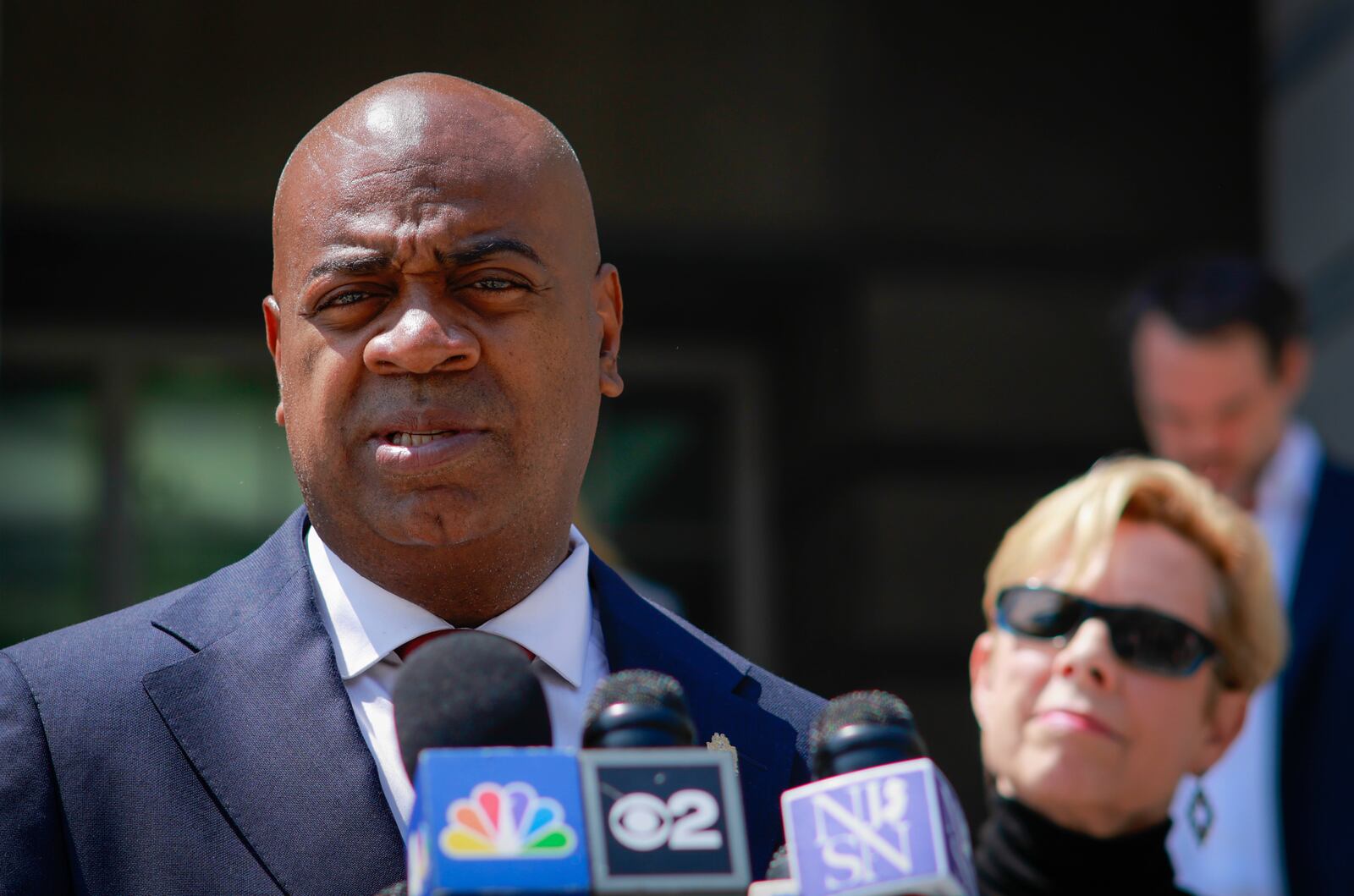 Newark Mayor Ras Baraka speaks next to civil rights attorney Nancy Erika Smith, right, as they attend a press conference regarding his May 9th arrest at Delaney Hall, outside U.S. District Court for the District of New Jersey Tuesday, June 3, 2025, in Newark, N.J. (AP Photo/Kena Betancur)