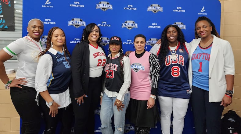 The headliners of the “Who’s in the Jersey” program put on by Dayton Public Schools Athletics at Belmont High on National Girls & Women in Sports Day: (left to right ) Phillitia Charlton (motivational speaker, former educator); Diona Clark (motivational speaker); Danielle Roe ( Springfield Catholic Central girls coach, former player at Springfield South, Sinclair, Kentucky Wesleyan and coach at Sinclair.) Shenise Turner-Sloss (Dayton City Commissioner); Victoria Jones (executive athletics director Dayton Public, moderator of Who’s in the Jersey panel, former player at Patterson Co-op, St, Catharine’s University of Dayton and coach at several schools including Sinclair); Brandie Hoskins (founder of Brandie Hoskins Basketball Academy, former CJ, Ohio State, pro player); Tamika Williams-Jeter (University of Dayton women’s coach, former CJ, UConn and WNBA player and coach at Penn State, Ohio State, Kansas Kentucky, Wittenberg). CONTRIBUTED
