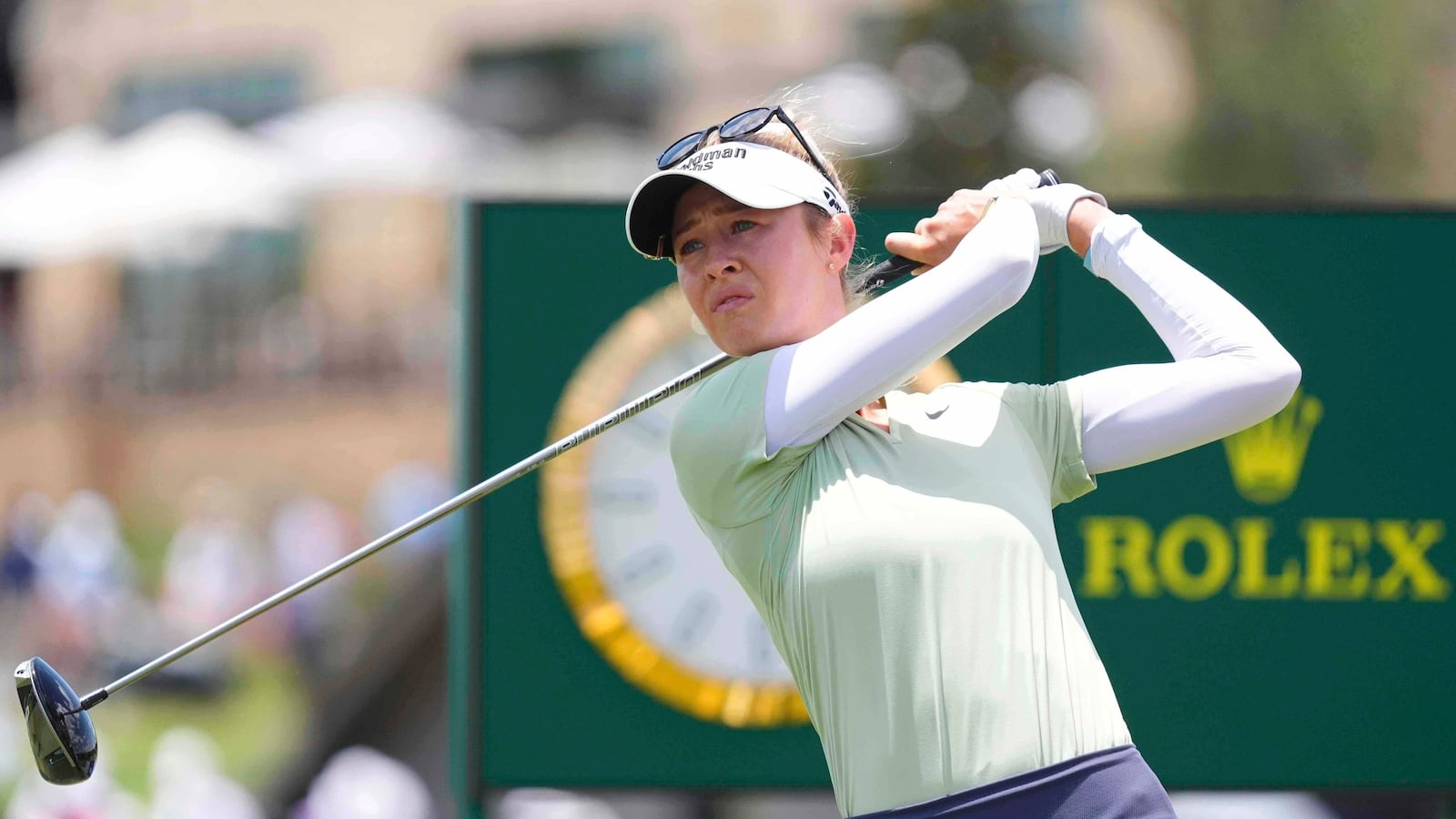 Nelly Korda watches her tee shot on the 10th hole during the second round of the Women's PGA Championship golf tournament Friday, June 20, 2025, in Frisco, Texas. (AP Photo/LM Otero)