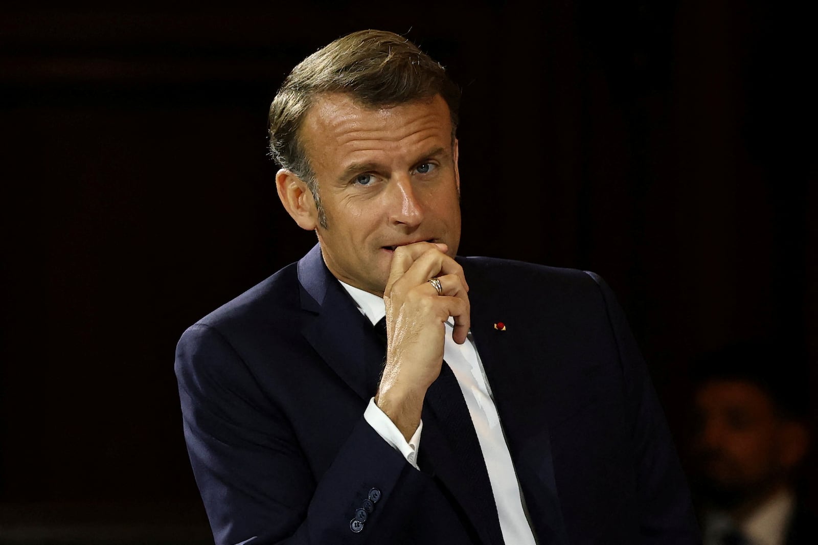 French President Emmanuel Macron attends the "Choose Europe for Science" event, to encourage researchers and scientists from all over the world to practice in Europe, at the Sorbonne University in Paris, Monday, May 5, 2025.(Gonzalo Fuentes/Pool via AP)