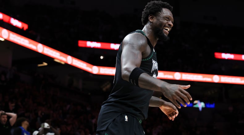 Minnesota Timberwolves forward Julius Randle reacts during the second half of an NBA basketball game against the Houston Rockets, Wednesday, March 25, 2026, in Minneapolis. (AP Photo/Ellen Schmidt)