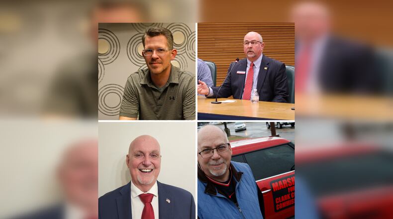 Matt Quesenberry (top left), Charlie Patterson (top right), William Lindsey (bottom left) and Dave Marshall will face off to fill a vacant seat on the Clark County Board of Commissioners in the March 19 primary. BILL LACKEY/STAFF, JESSICA OROZCO/STAFF, CONTRIBUTED