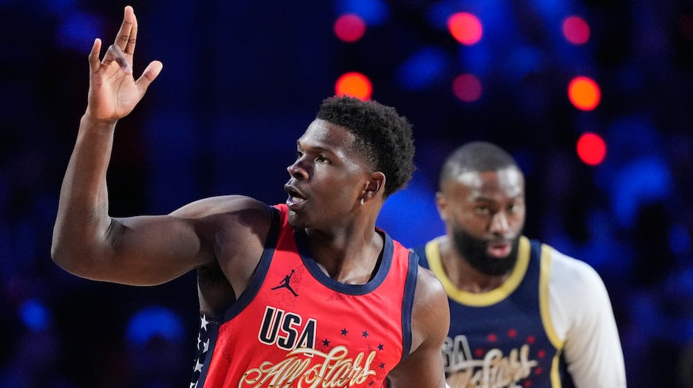 USA Stars guard Anthony Edwards reacts after scoring during the NBA All-Star basketball game against USA Stripes Sunday, Feb. 15, 2026, in Inglewood, Calif. (AP Photo/Mark J. Terrill)