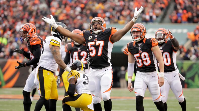 CINCINNATI, OH - DECEMBER 18: Vincent Rey #57 of the Cincinnati Bengals celebrates after making a defensive stop during the second quarter of the game against the Pittsburgh Steelers at Paul Brown Stadium on December 18, 2016 in Cincinnati, Ohio. (Photo by Andy Lyons/Getty Images)