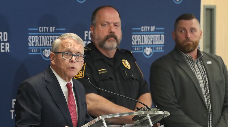 Governor Mike DeWine talks about the funding for local law enforcement agencies as part of the Ohio Violent Crime Reduction Grant Program. BILL LACKEY/STAFF