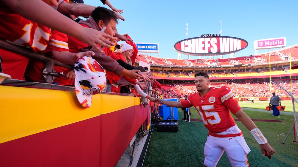 Kansas City Chiefs quarterback Patrick Mahomes (15) heads off the field following an NFL football game against the Las Vegas Raiders Sunday, Oct. 19, 2025, in Kansas City, Mo. (AP Photo/Charlie Riedel)