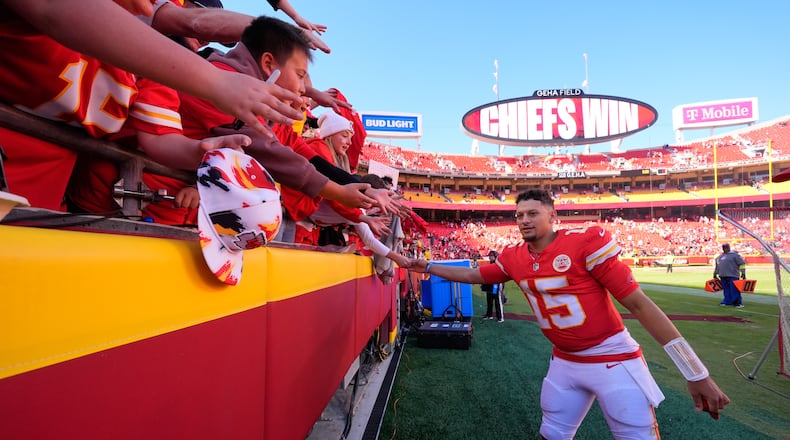 Kansas City Chiefs quarterback Patrick Mahomes (15) heads off the field following an NFL football game against the Las Vegas Raiders Sunday, Oct. 19, 2025, in Kansas City, Mo. (AP Photo/Charlie Riedel)