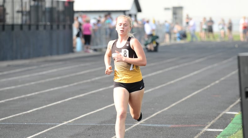 Shawnee’s Olivia Warax won a district title Saturday in the 3,200-meter run. Greg Billing/CONTRIBUTED